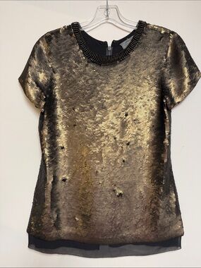 Proenza Schouler Gold Sequin Short Sleeve Top with Beaded Crew Neck